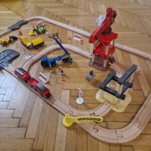 Ritka! építkezés szett kék talpas darusautóval, elektromos kisvonattal